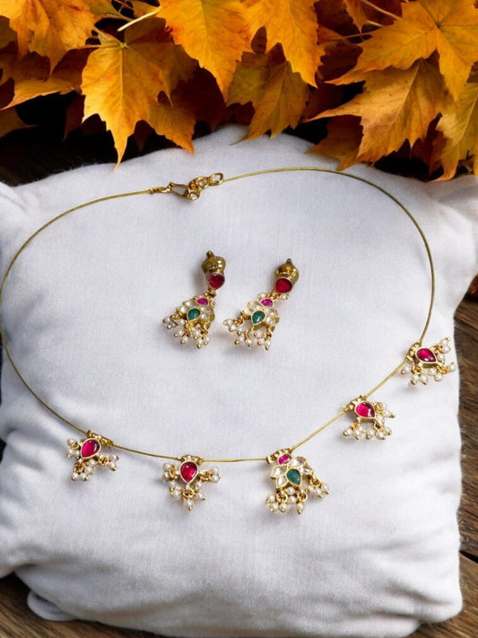 Floral Kundan Jewelry, Ruby Green Necklace Set, Pearl Drop Necklace, Indian Wedding Jewelry, House of Pranvi Traditional Set, Bridal Haldi Jewelry, Gold Plated Ethnic Set