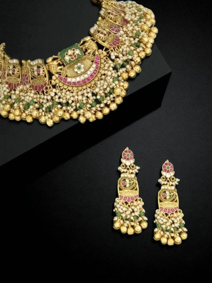 temple jewellery necklace, bridal choker set, South Indian necklace, traditional gold jewellery, meenakari temple necklace, heritage wedding set, handcrafted bridal jewellery, layered pearl choker, festive ethnic jewellery, jhumka earrings set, royal Indian necklace, statement temple jewellery