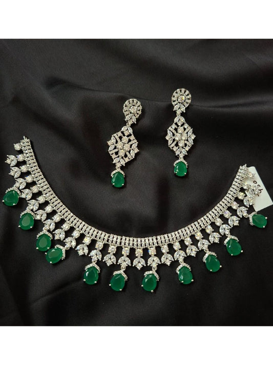 emerald jewellery set, green stone necklace, wedding jewellery, party wear necklace, choker set, silver polish jewellery, bridal jewellery, festive jewellery, diamond look necklace, ethnic jewellery set

