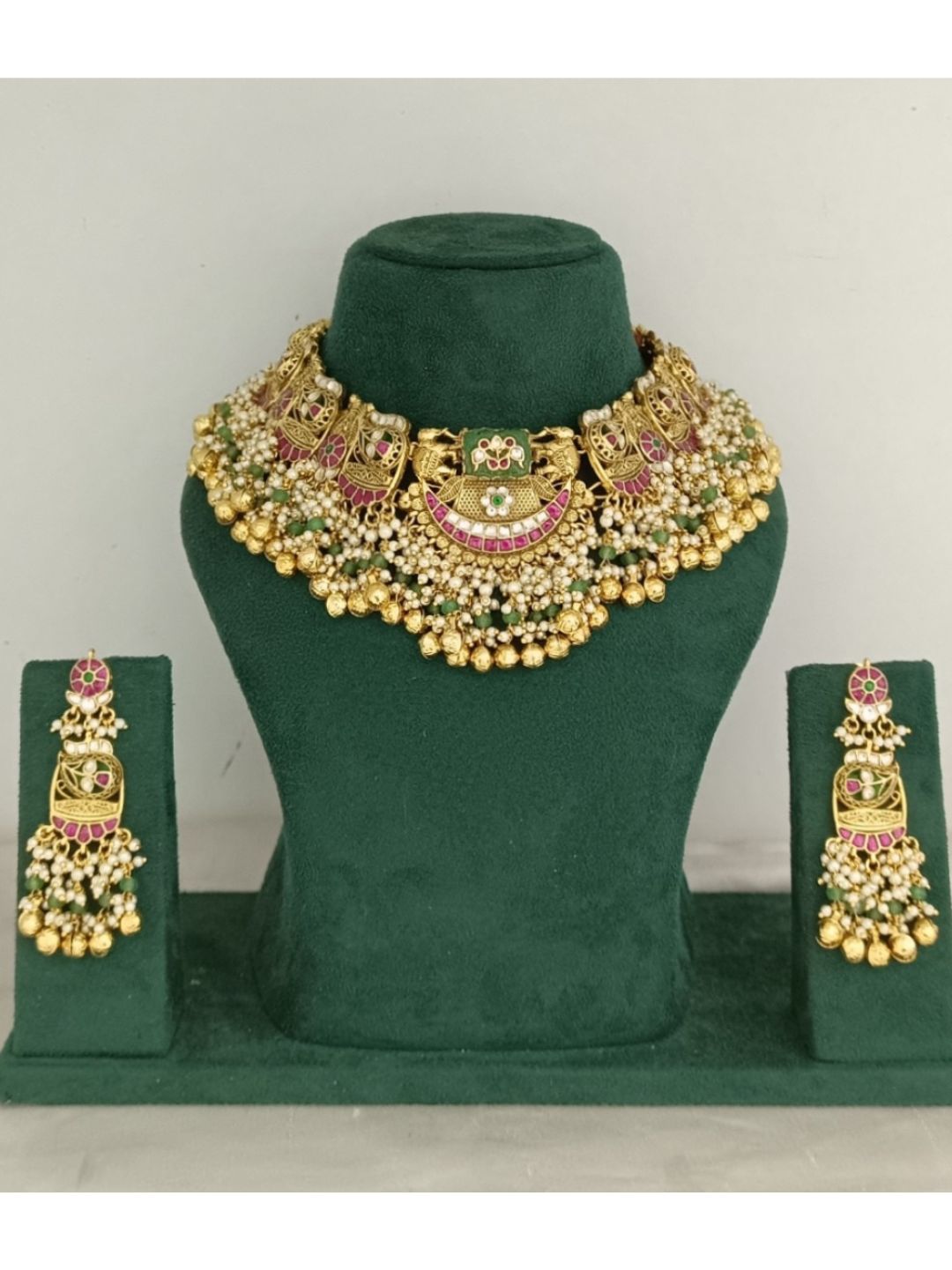temple jewellery necklace, bridal choker set, South Indian necklace, traditional gold jewellery, meenakari temple necklace, heritage wedding set, handcrafted bridal jewellery, layered pearl choker, festive ethnic jewellery, jhumka earrings set, royal Indian necklace, statement temple jewellery