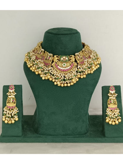 temple jewellery necklace, bridal choker set, South Indian necklace, traditional gold jewellery, meenakari temple necklace, heritage wedding set, handcrafted bridal jewellery, layered pearl choker, festive ethnic jewellery, jhumka earrings set, royal Indian necklace, statement temple jewellery