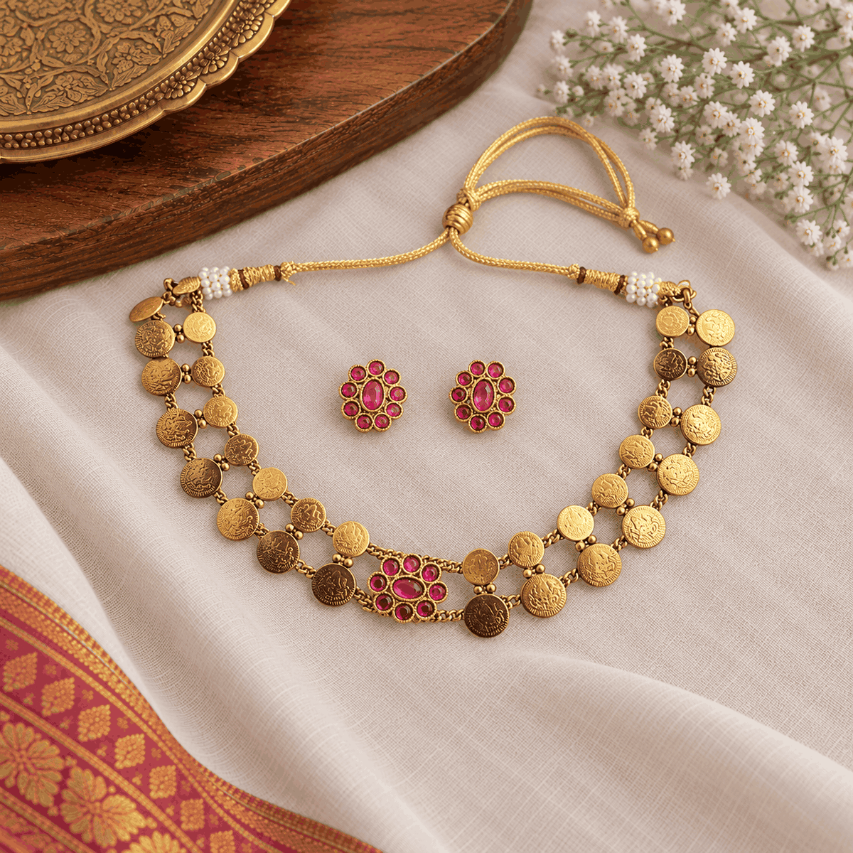 Double-layer antique gold look Kasu Mala necklace with traditional coin detailing, pink floral stones and matching earrings