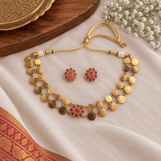Double-layer antique gold look Kasu Mala necklace with traditional coin detailing, pink floral stones and matching earrings