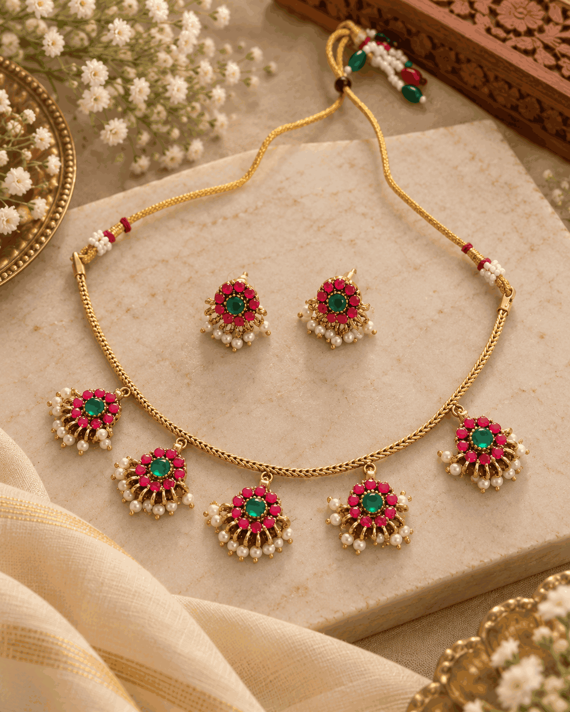 Gold look floral necklace set with pink and green stones, pearl-like drops and matching earrings displayed flat