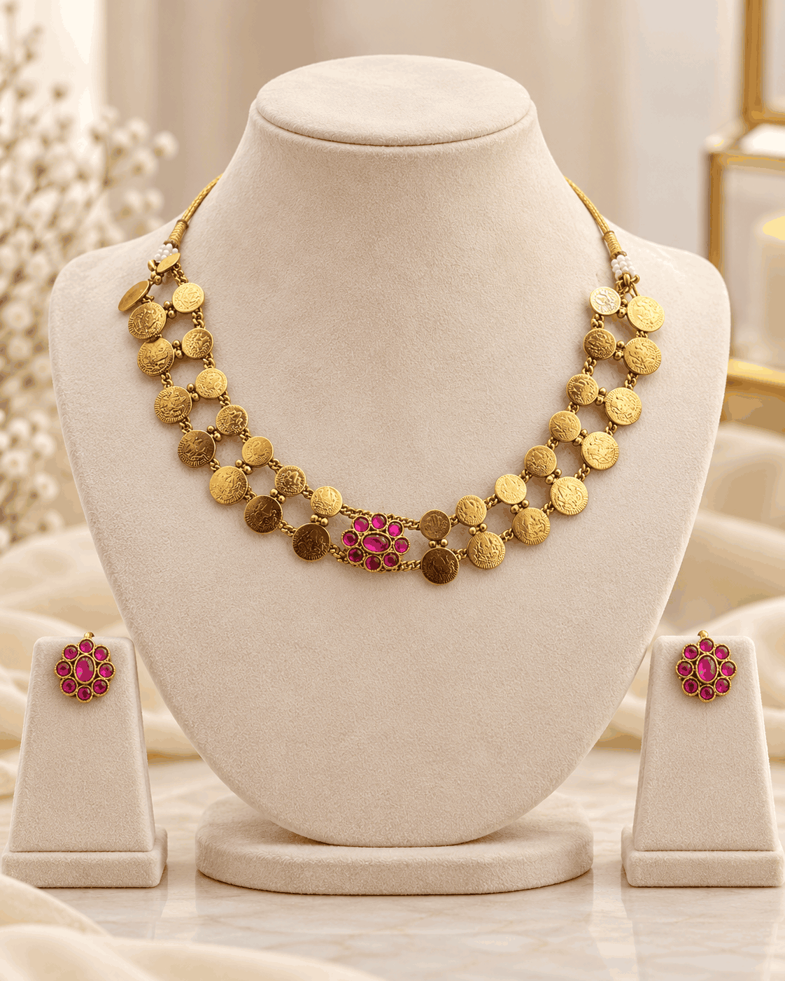 Antique gold look Kasu Mala coin necklace with pink stone floral detailing displayed on jewellery mannequin