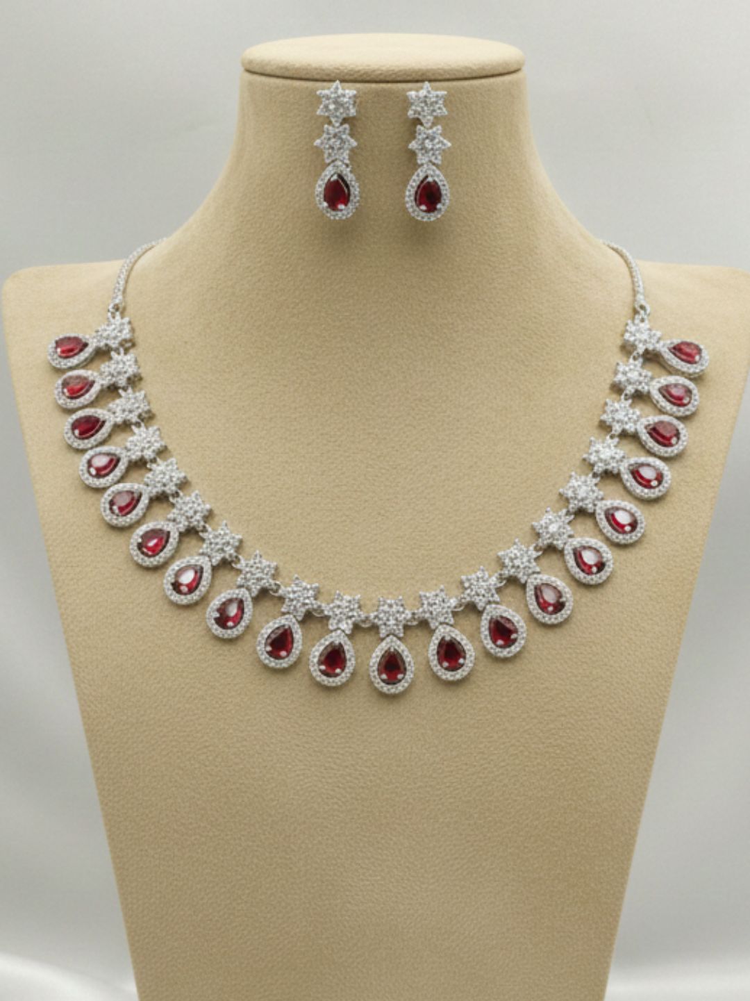 KASHVI RUBY DROP AMERICAN DIAMOND NECKLACE SET