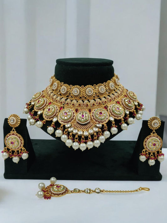 MEENAKARI RAJWADI GOLD PLATED JEWELLERY SET