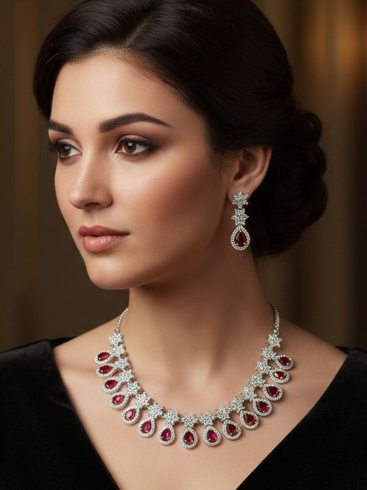 KASHVI RUBY DROP AMERICAN DIAMOND NECKLACE SET
