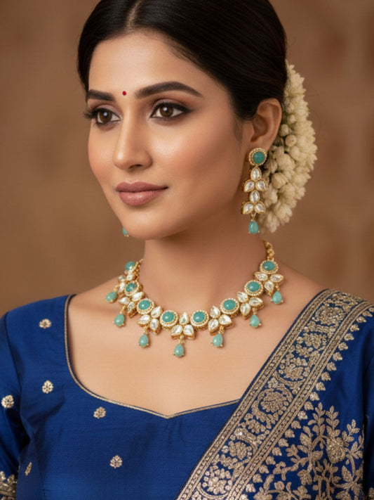 MAYURA MINT GREEN KUNDAN DROP NECKLACE SET
