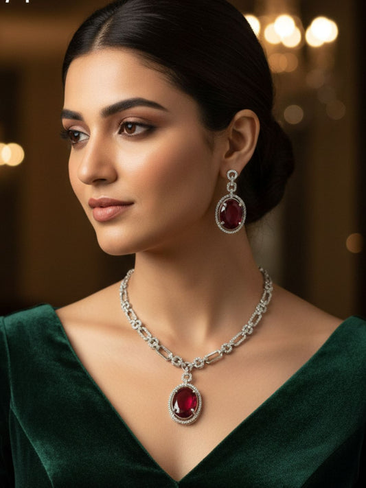 ELARA RUBY OVAL AMERICAN DIAMOND NECKLACE SET
