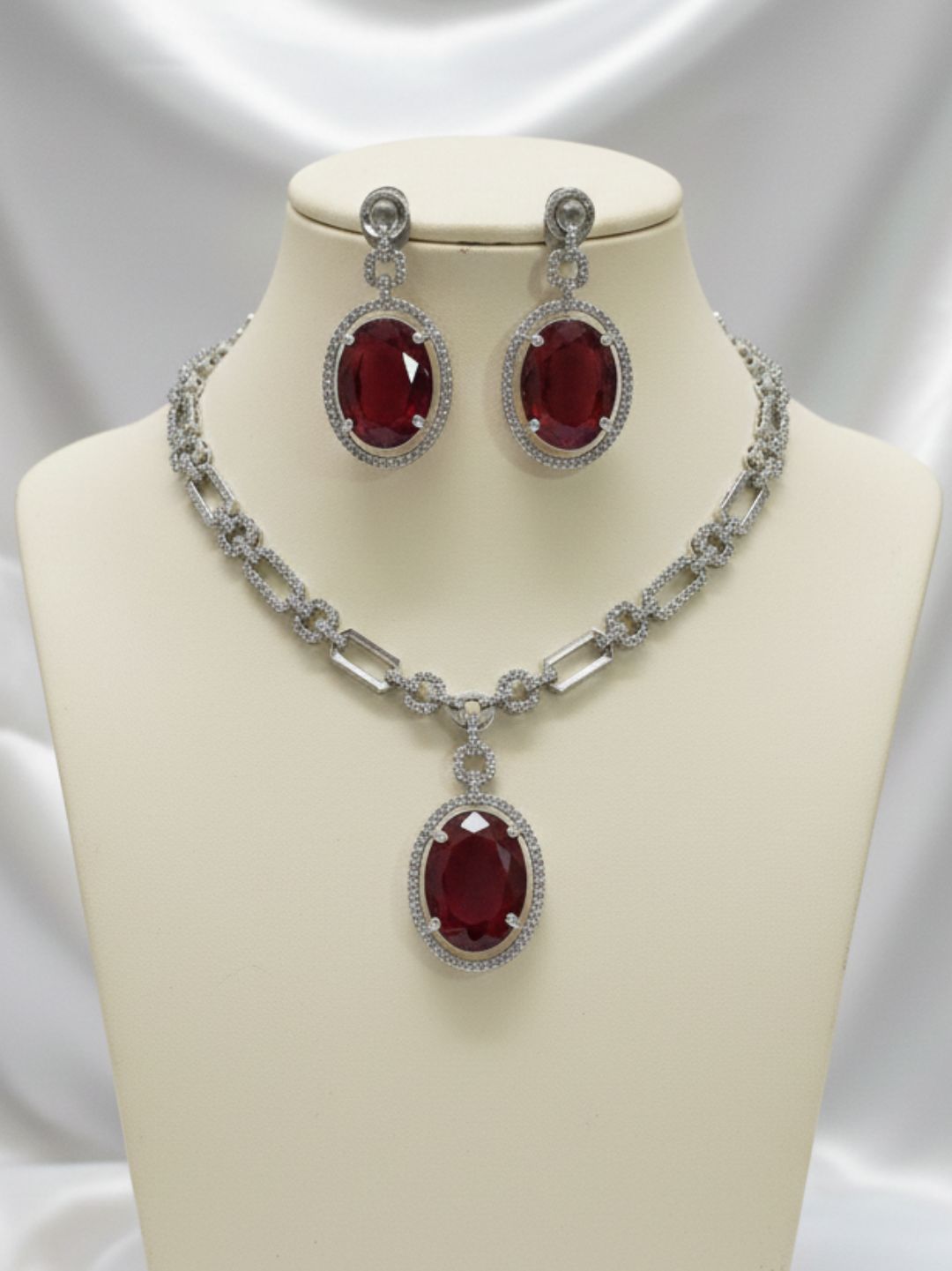 ELARA RUBY OVAL AMERICAN DIAMOND NECKLACE SET