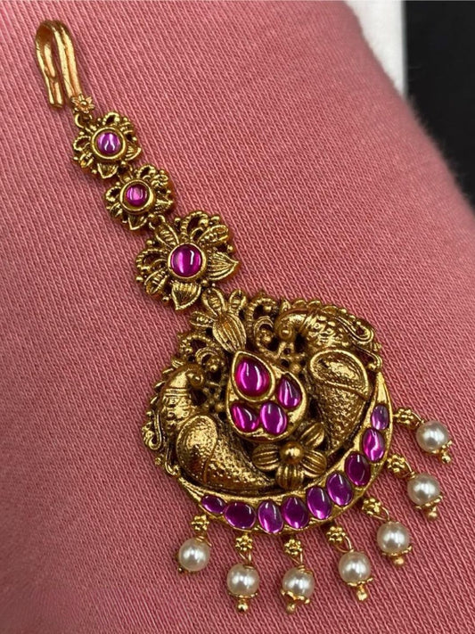 ANTIQUE PINK STONE MAANG TIKKA