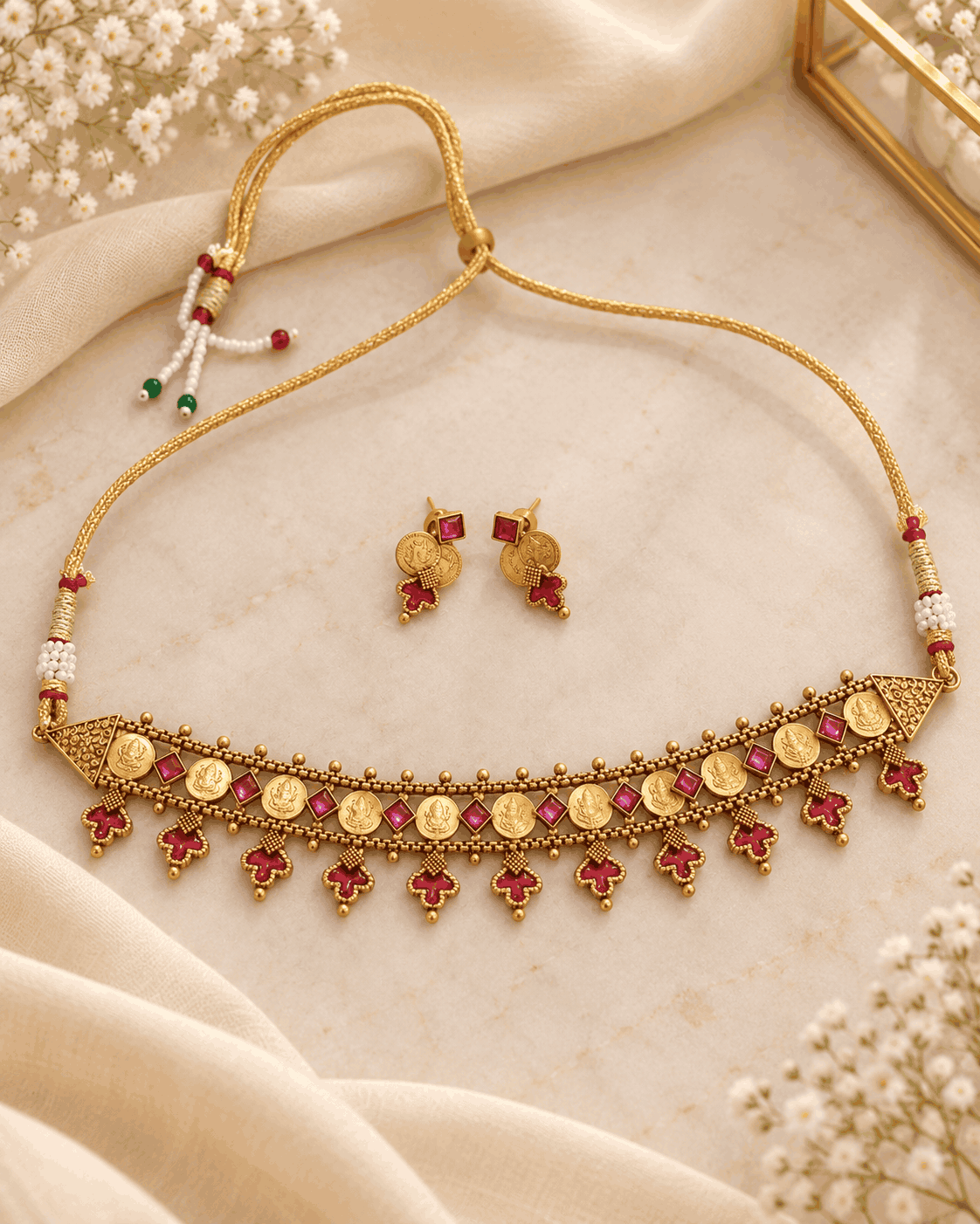 Flatlay of antique gold look coin choker necklace set featuring traditional coin motifs and ruby-pink stones with matching earrings