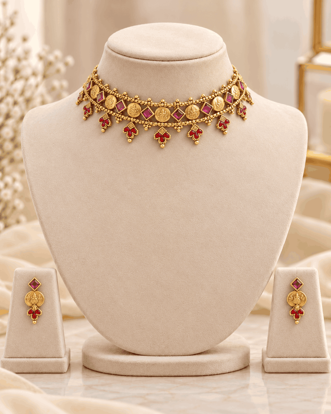 Antique gold look coin choker necklace displayed on mannequin with ruby-pink stone accents and matching traditional earrings