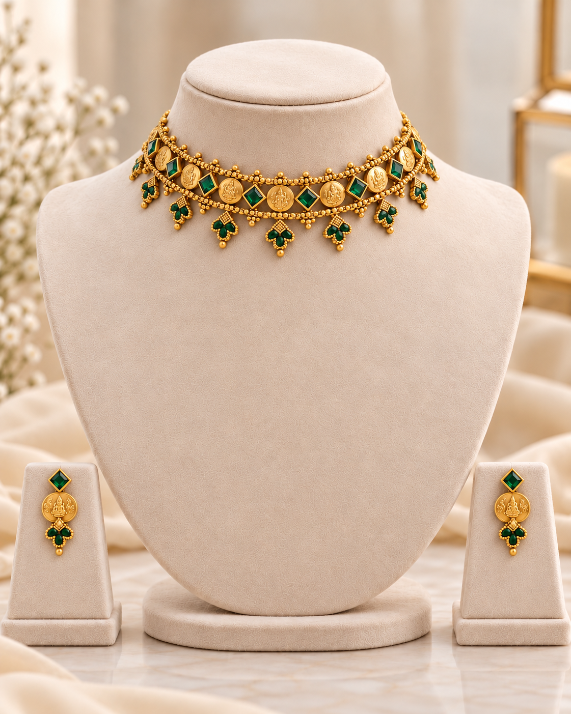 Antique gold look coin choker necklace displayed on mannequin with ruby-pink stone accents and matching traditional earrings