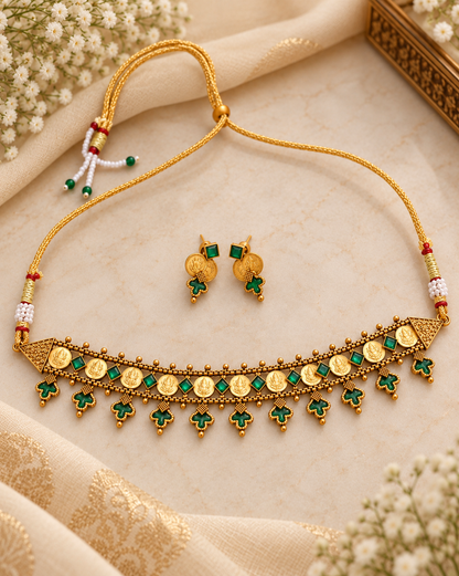 Flatlay of antique gold look coin choker necklace set featuring traditional coin motifs and green stones with matching earrings