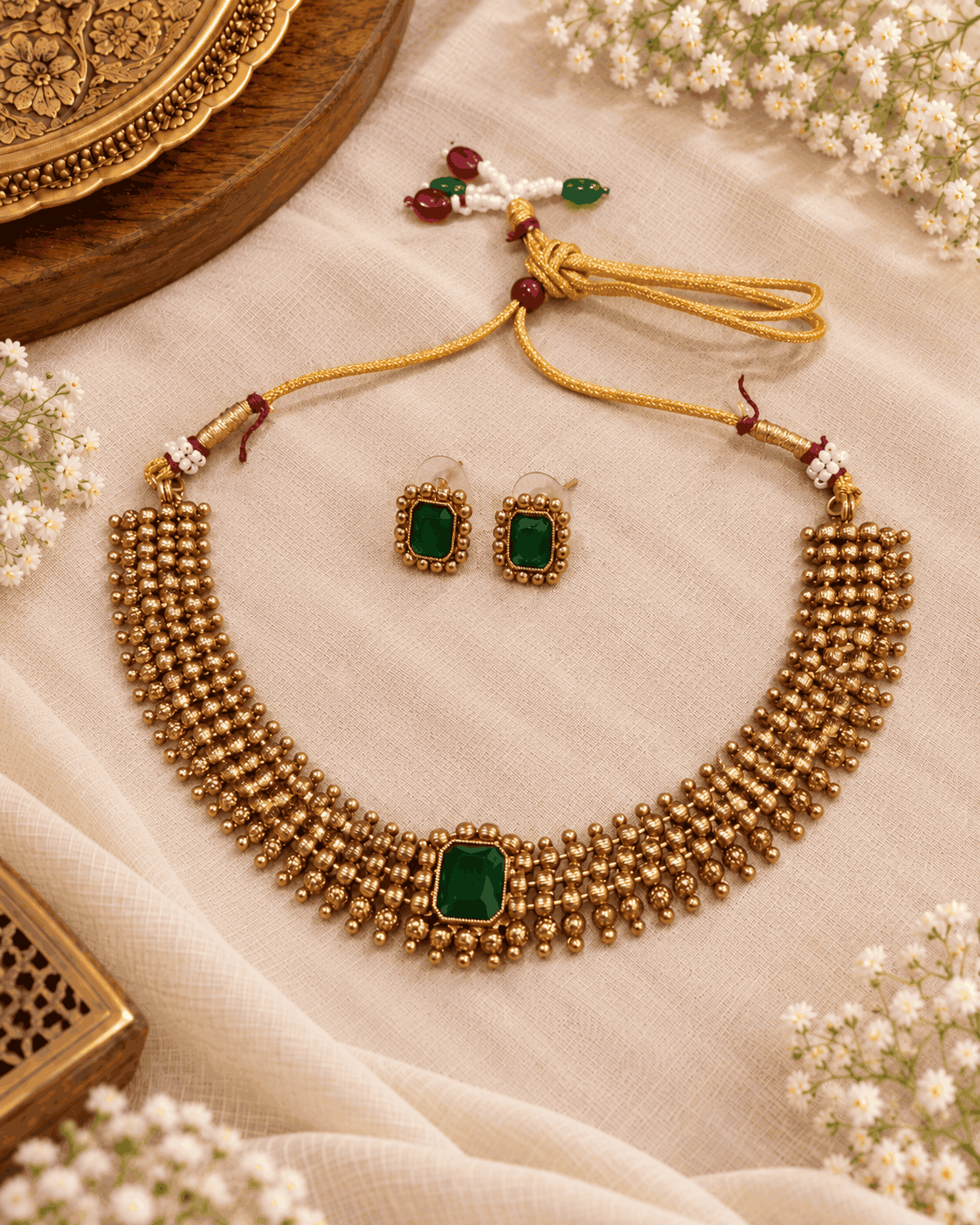 Antique gold look multi-row beaded necklace featuring rectangular green centre stone and matching earrings on ivory fabric
