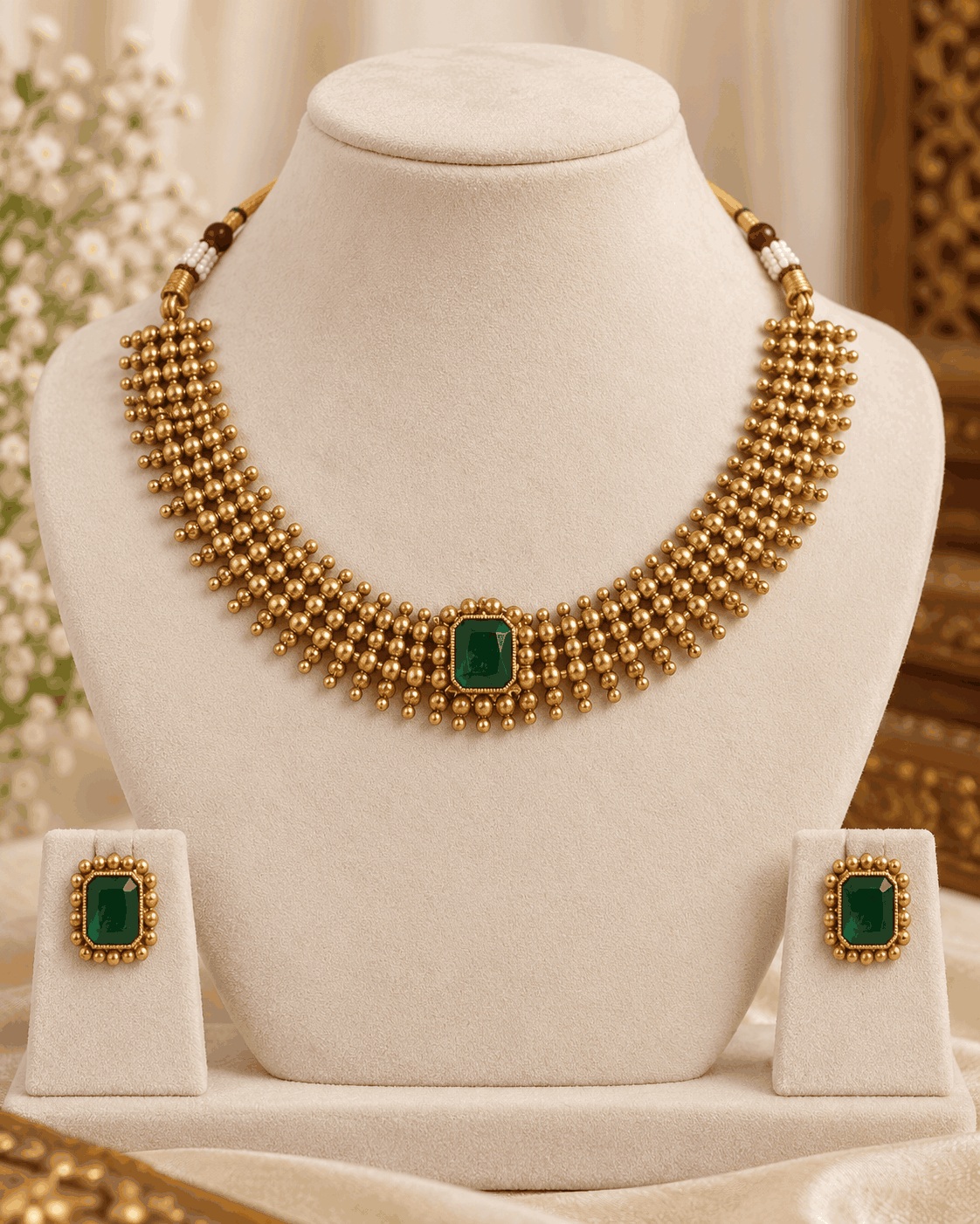 Traditional gold look green stone beaded necklace with geometric bead detailing displayed on jewellery mannequin