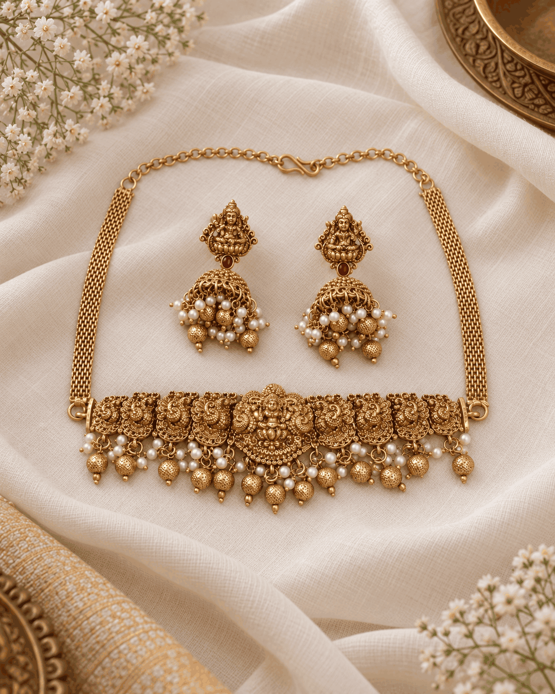 Flatlay of antique gold look Lakshmi temple choker set featuring traditional Lakshmi motifs, pearl-like hanging beads and matching jhumka earrings.