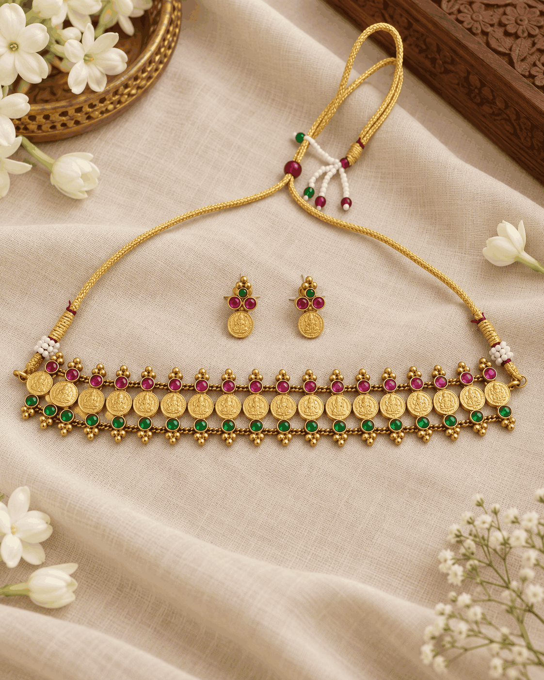 Flatlay of antique gold look multicolour coin choker necklace featuring traditional coin motifs, pink and green stones and matching earrings.