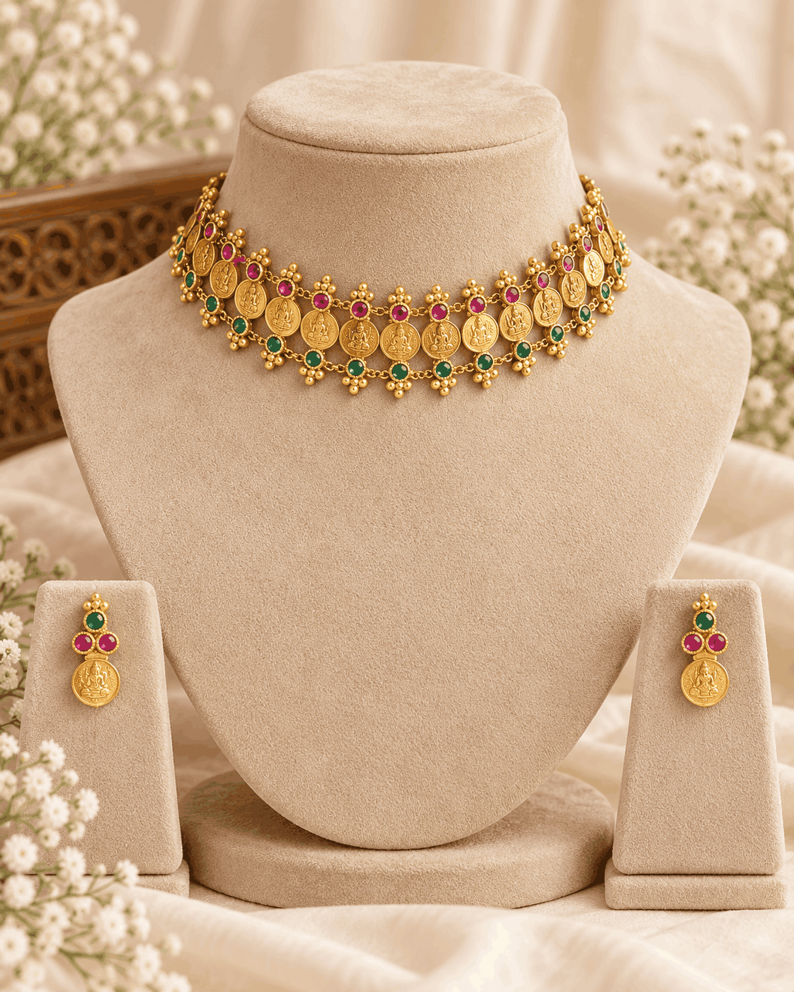 Antique gold look multicolour coin choker necklace displayed on mannequin with pink and green stone detailing.
