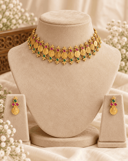 Antique gold look multicolour coin choker necklace displayed on mannequin with pink and green stone detailing.
