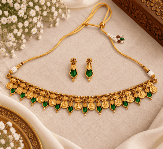 Flatlay of antique gold look Lakshmi coin choker set featuring green teardrop stones, traditional coin motifs and matching earrings.