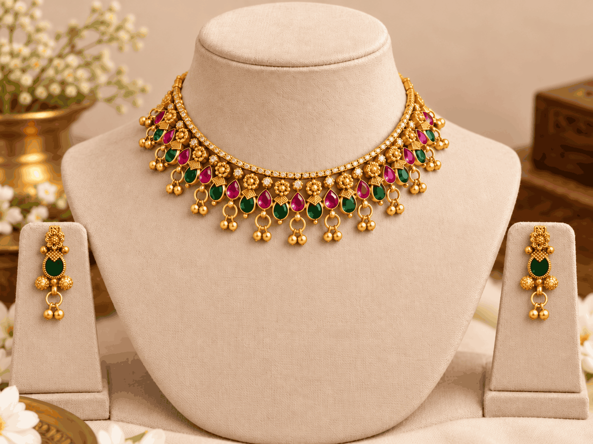 Antique gold look multicolour stone choker displayed on mannequin with delicate ghungroo-inspired hanging beads