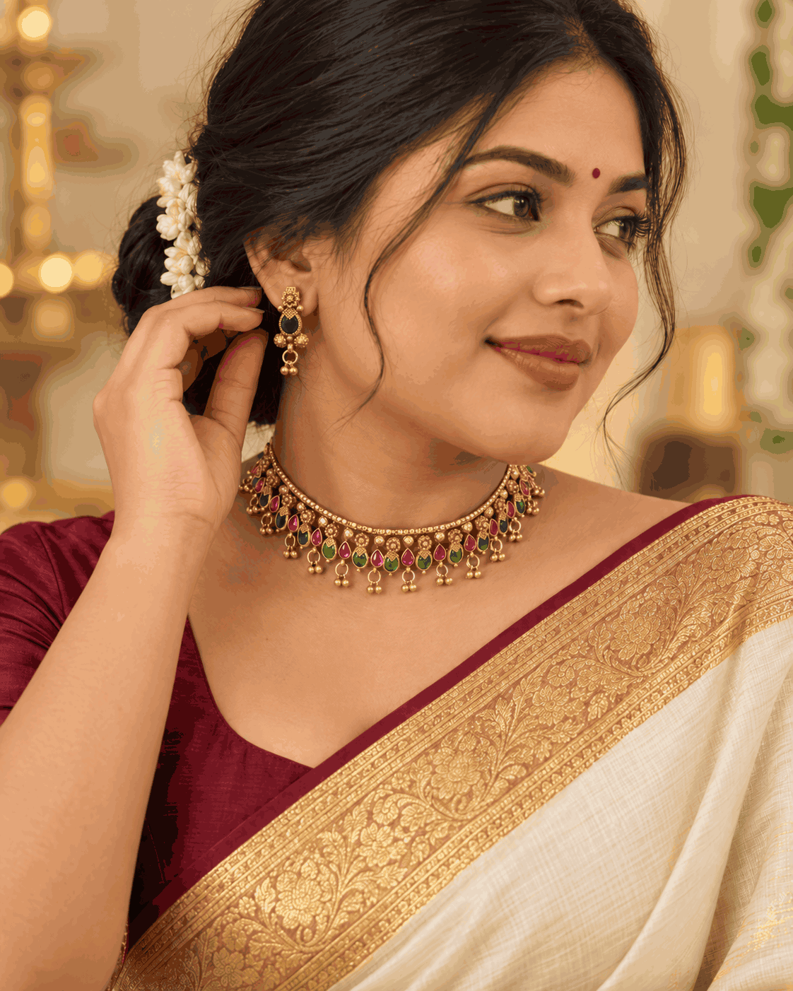 Model wearing antique gold look pink and green stone choker set with ghungroo drops and matching earrings