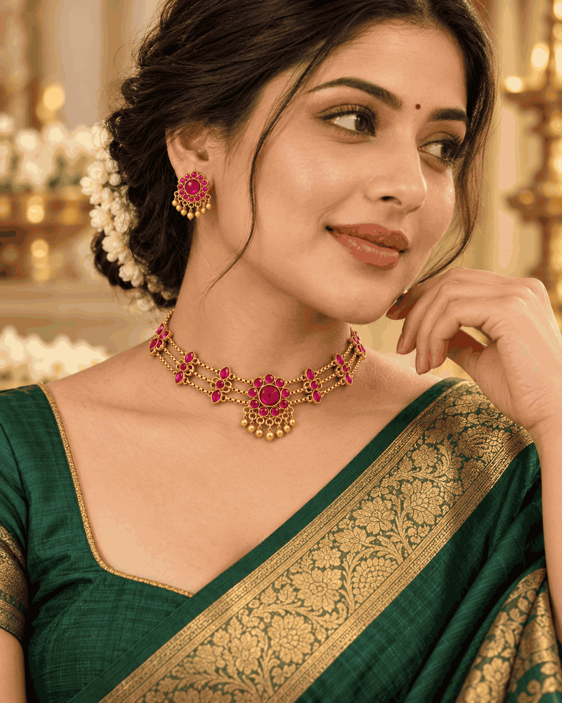 Model wearing gold look pink stone floral choker necklace set with triple-layer chains and matching earrings by House of Praniv.