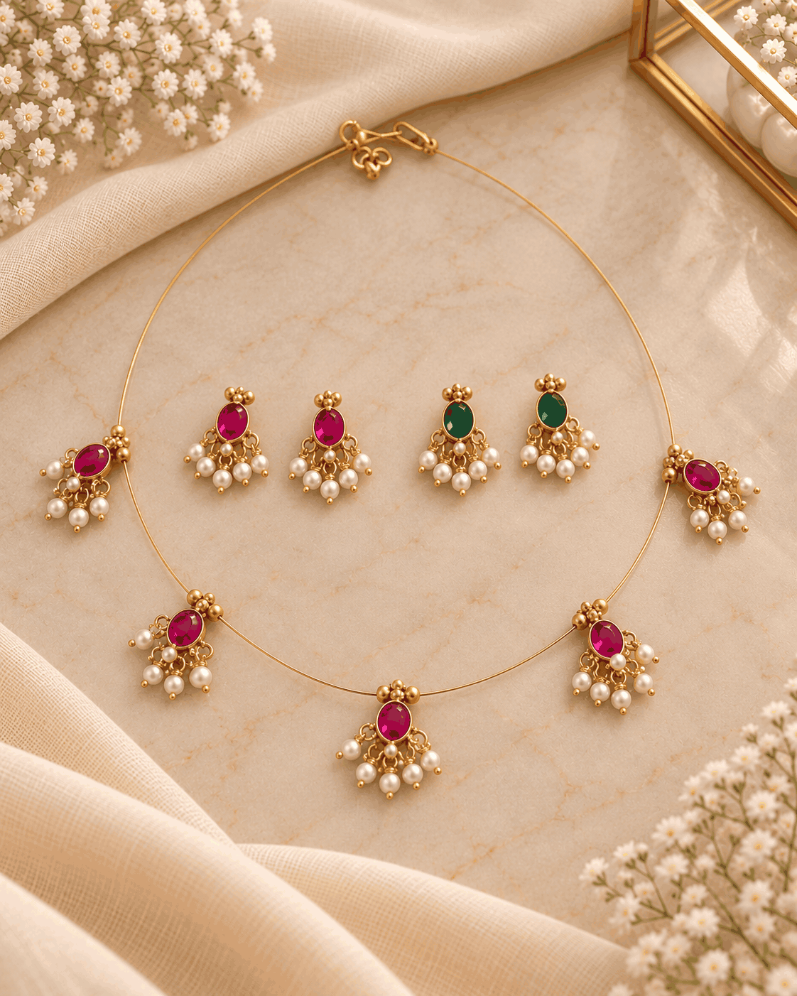 Reversible pink and green invisible chain necklace set with pearl-like drops and two matching pairs of earrings.